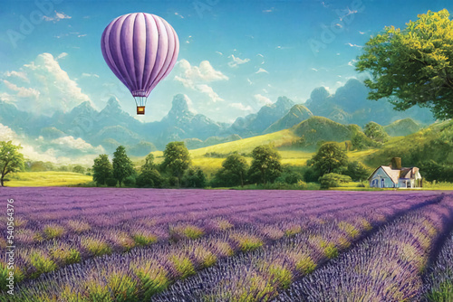 Lavender field, beautiful view, flying balloon, white-maned clouds, fantastic landscape 
