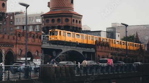 Scenic view of a U-Bahn train driving on a subway bridge in Berlin, Germany