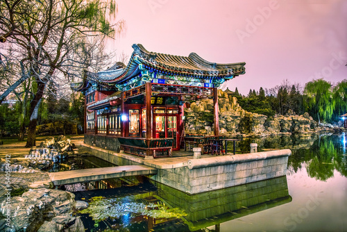 Stone Boat Temple of Sun Night Illuminated Beijing China
