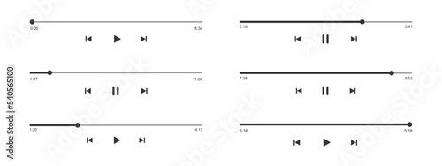 Audio or video player progress loading bars with time slider, play and pause, rewind and fast forward buttons. Set of mediaplayer playback interface templates. Vector graphic illustration