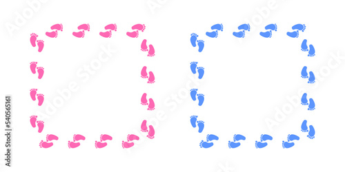 Square frames with boy and girl footprints. Template of invitation, greeting card, photo for baby shower, gender reveal, pregnancy or welcome newborn baby party. Vector flat illustration
