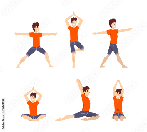 Smiling Man in Red Sweatshirt Doing Yoga Breathing in Different Asana Vector Set