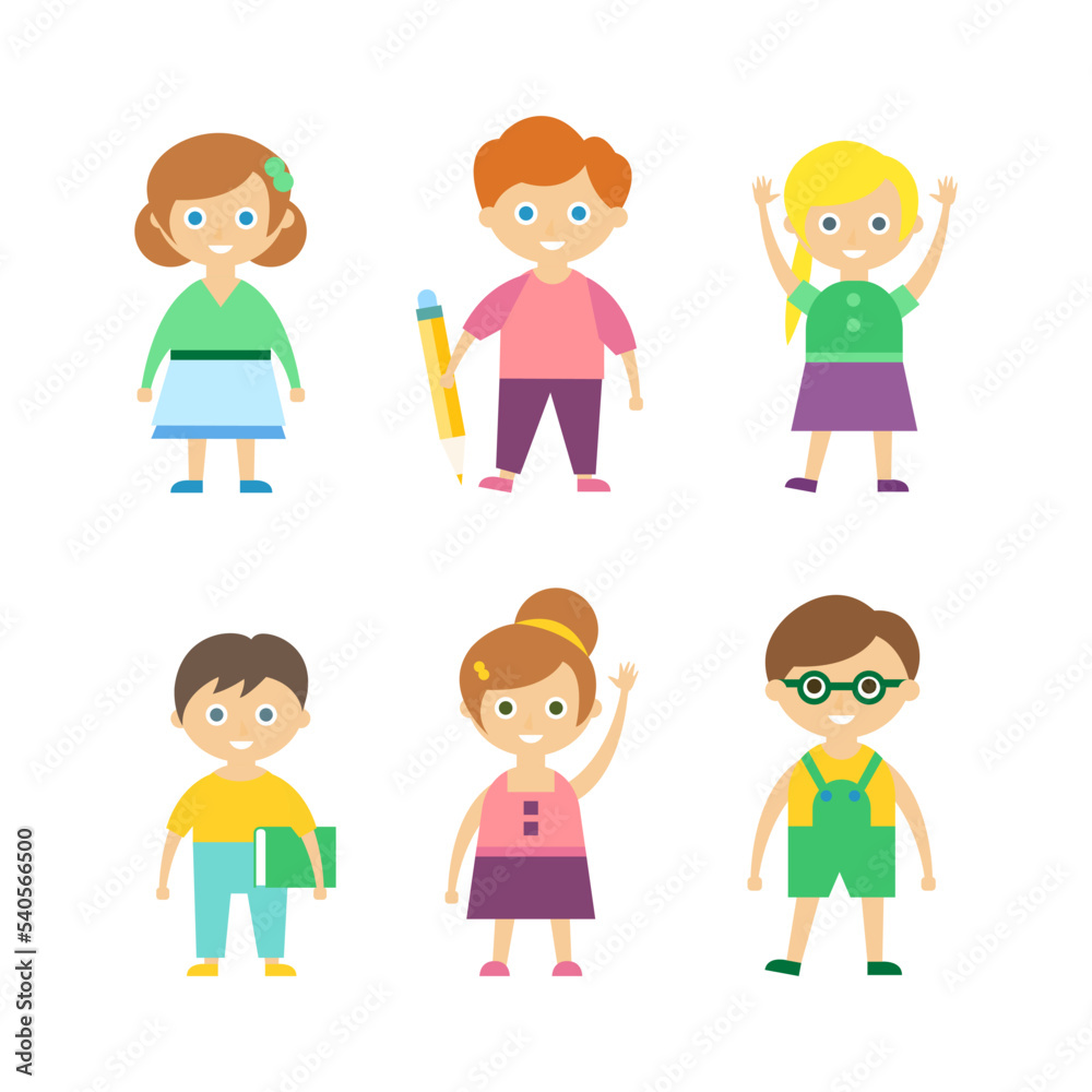 Back to School with Cute Kids with Book and Pencil Smiling and Waving Hand Vector Set