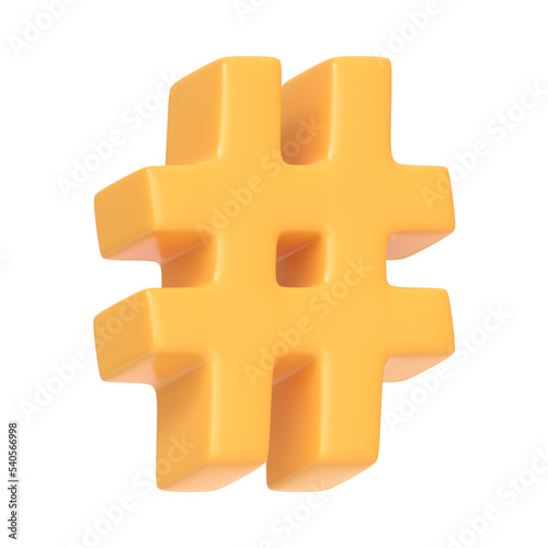 Yellow hashtag symbol isolated on white background. 3D icon, sign and symbol. Cartoon minimal style. 3D Rendering Illustration