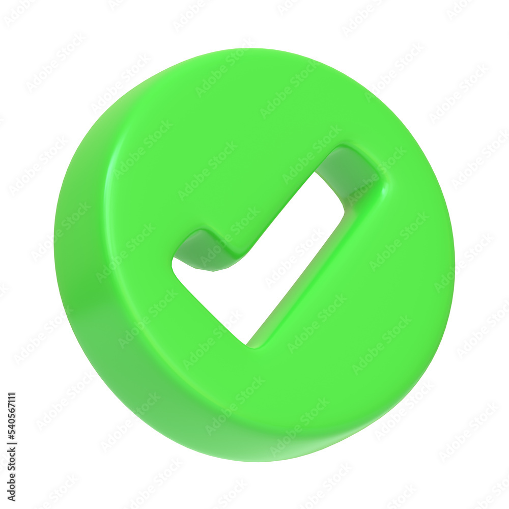 Green check mark isolated on white background. 3D icon, sign and symbol. Cartoon minimal style. 3D Rendering Illustration