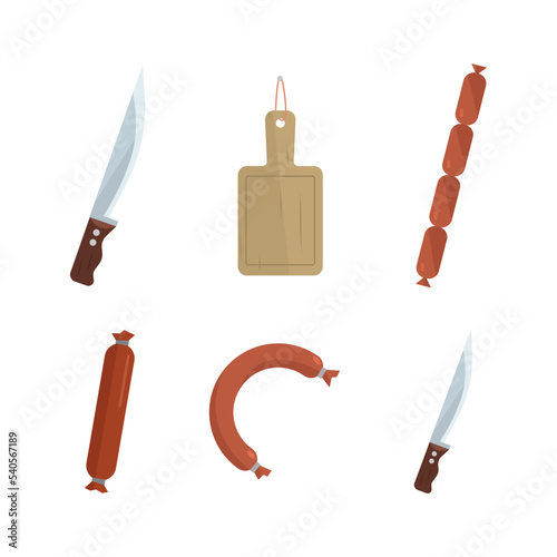 Wurst and Sausage with Cutting Board and Sharp Knife as Butcher Shop or Meat Market Vector Set