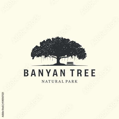 vector of banyan tree with vintage style logo design illustration, oak tree icon design photo