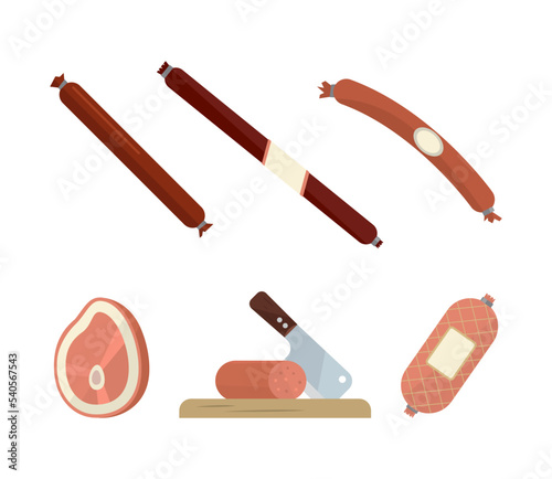 Wurst, Salami, and Beef Steak as Butcher Shop or Meat Market Product Vector Set