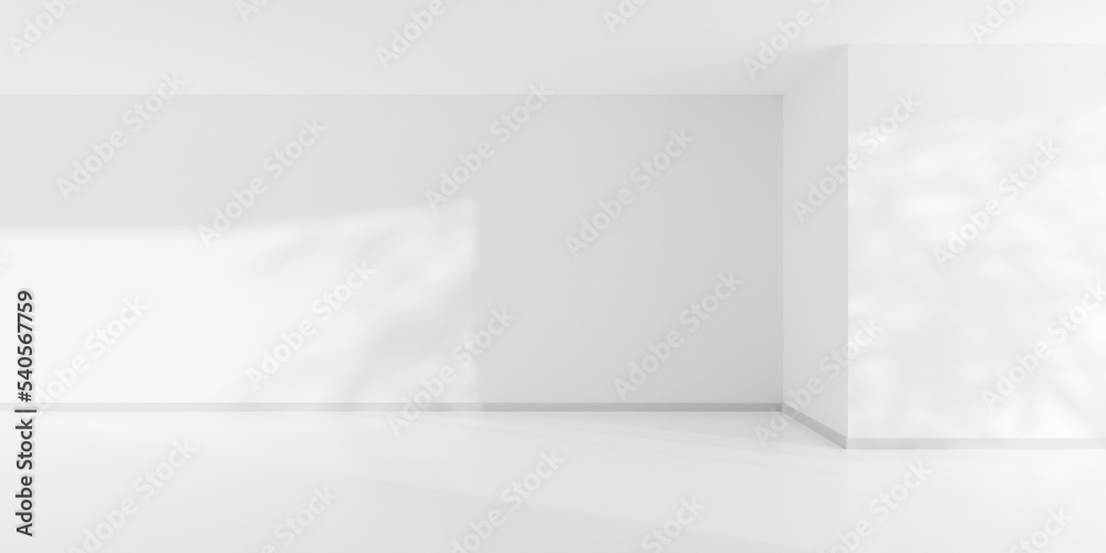 Empty white interior room with sunlight tree shadow from right and cornered back walll, modern architecture template background Empty white interior room with sunlight tree shadow from right and cornered back walll, modern architecture template background