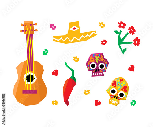 Mexican Symbols with Guitar, Sombrero Hat, Chili Pepper and Skull Vector Set
