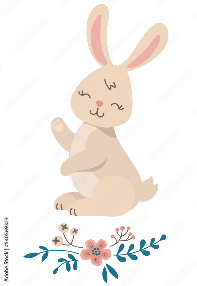 Cute Bunny isolated on white background. Festive bunny with flowers. Kids illustration. Vector