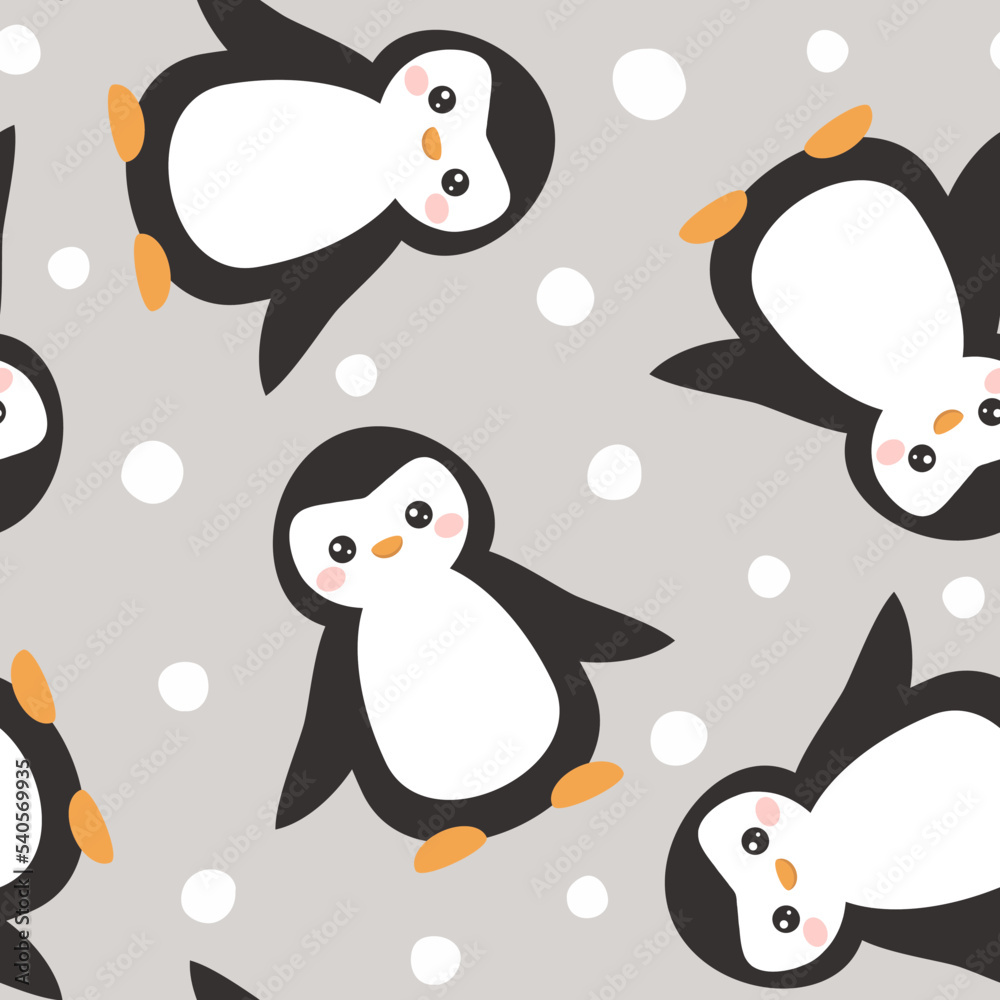 Fototapeta premium grey pastel color penguins cute seamless winter pattern for baby girl and boy, fabric and textile kawaii print, gift wrapping paper colorful kids design
