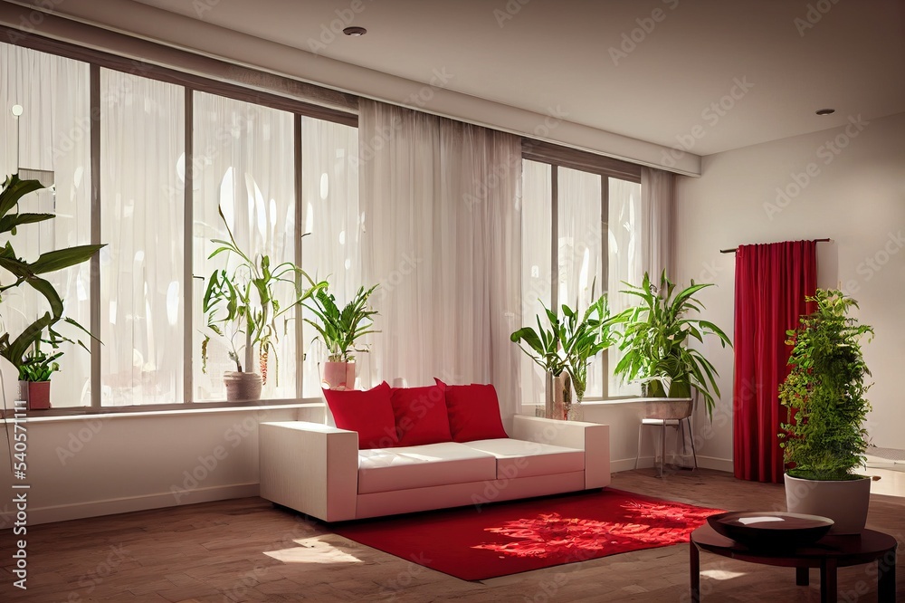Fototapeta premium interior of living room with red curtain and lot of plants, 3d rendering