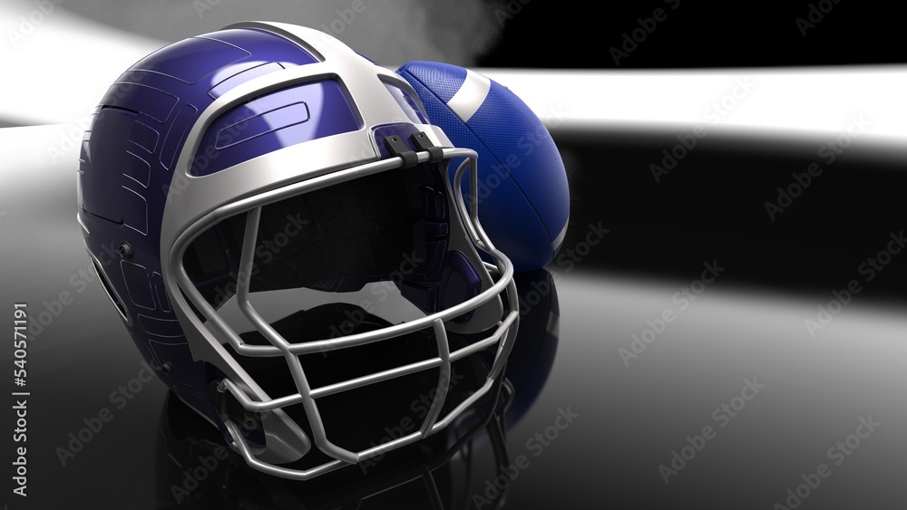 Fototapeta premium American football Blue-Silver helmet and Blue-Silver Ball under foggy black laser lighting. 3D illustration. 3D CG. 3D high quality rendering.