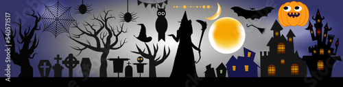 Halloween All Design Element in one Package. Halloween background copyspace, mysterious landscape Tombstone graveyard,cartoon witch house,Haunted house, Pumpkins oWl and bats.Spooky Horor Cartoon Scen