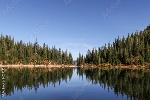alpine lake reflection with blue skies
