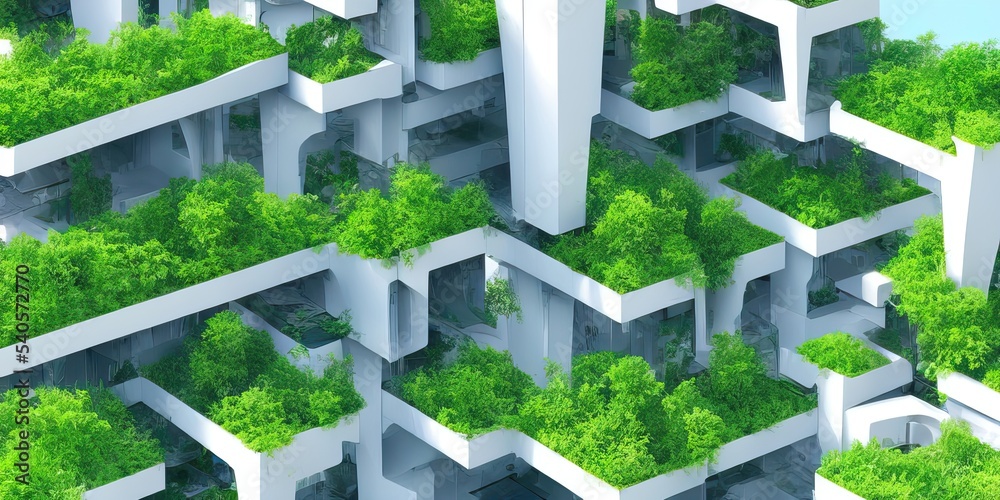 Future green city with vertical gardens growing on skyscraper building ...