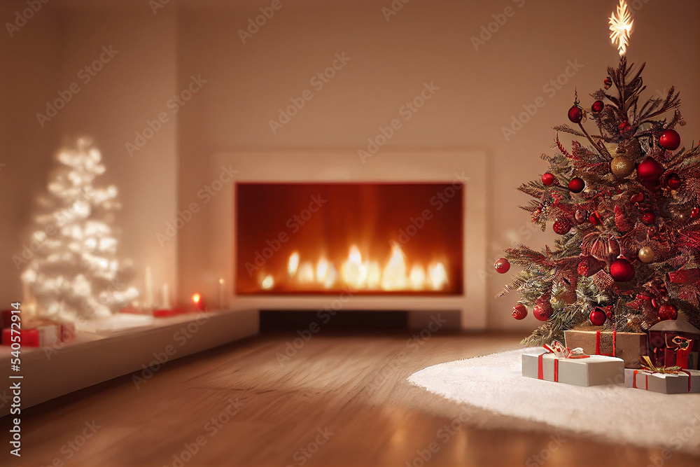 Christmas living room interior with decorated fireplace, armchair and xmas tree. Christmas living room interior with decorated fireplace, armchair and xmas tree.