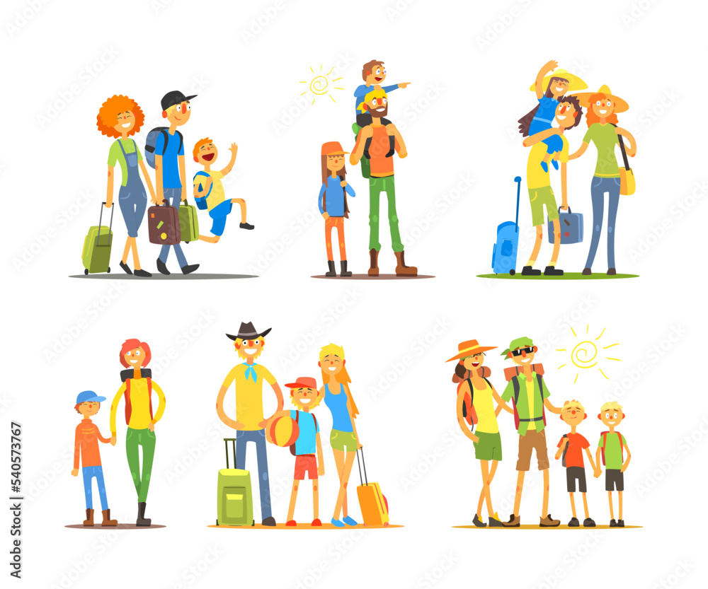 Happy Family with Children Traveling on Summer Vacation with Suitcase and Backpack Vector Set