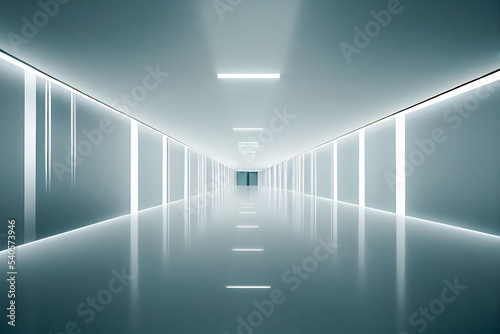 Futuristic tunnel with light and reflection, interior view. Abstract Architecture Background. Future background, business, or science concept. 3d illustration