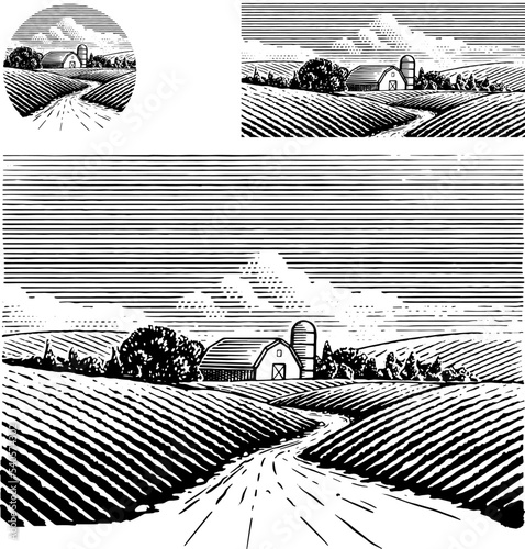 Vintage Farm Scene illustration.  Hand drawn illustration in a vintage woodcut or etched style.  The illustration is of a old country road winding between fields to a barn and silo surrounded by trees