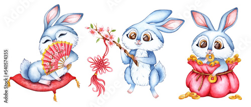 A set of watercolor illustrations of blue rabbits with a fan, with a keychain and in a bag of money. Holiday, celebration, New Year. Ideal for t-shirts, cards, prints. Isolated on white background