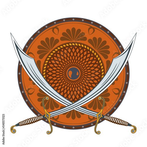 Arabic or Turkish two sabers and a medieval warrior in color in vector on a white isolated background