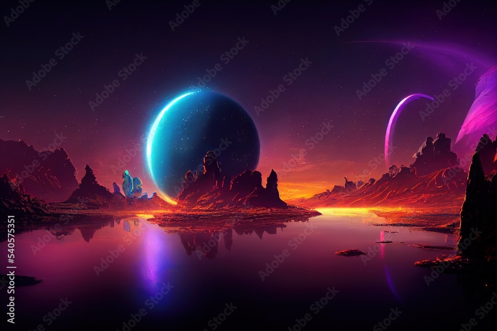 Fantasy scifi planet sunset landscape. Digital Illustration
