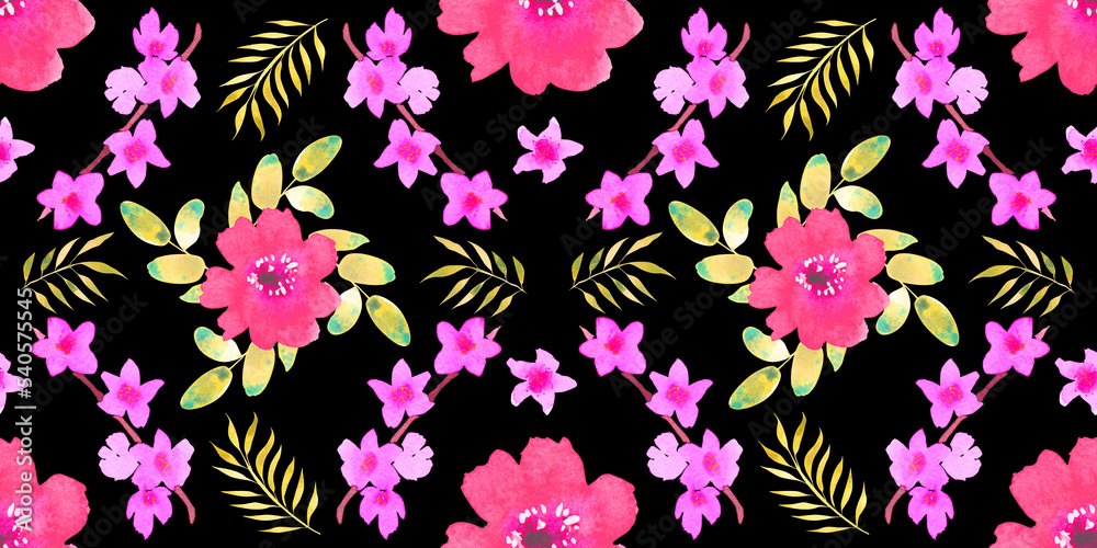 Seamless pattern with different flowers and leaves: rose, daisy and strelitzia, watercolor painting. For design cards, drawing and textiles. On a black background. Seamless pattern with different flowers and leaves: rose, daisy and strelitzia, watercolor painting. For design cards, drawing and textiles. On a black background.