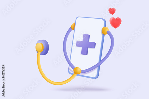 3d first aid medicine and emergency call to hospital for diagnostic health pharmaceutical. Heart checkup online consultation with doctor on phone. 3d diagnostic urgency icon vector render illustration