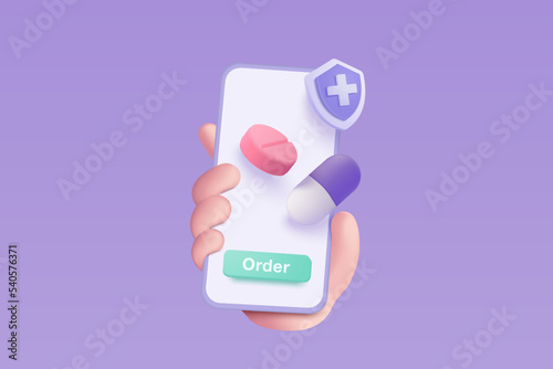 3d online pharmacy with first aid kit and other medical equipment. Medicine ordering mobile phone in holding hand concept of healthcare. 3d drug store and e-commerce icon vector render illustration