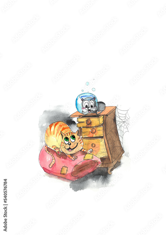 Fototapeta premium Cute hand drawn illustration of cat and mouse, watercolour style