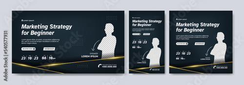 Set luxury webinar banner event. Social media template black and gold. Gradient mesh background vector illustration
