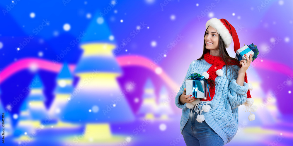 Christmas banner. New year poster with woman with gifts. Christmas banner for your company. Happy girl wishes Merry Christmas. Winter forest blurred. Poster for New Years advertising Christmas banner. New year poster with woman with gifts. Christmas banner for your company. Happy girl wishes Merry Christmas. Winter forest blurred. Poster for New Years advertising