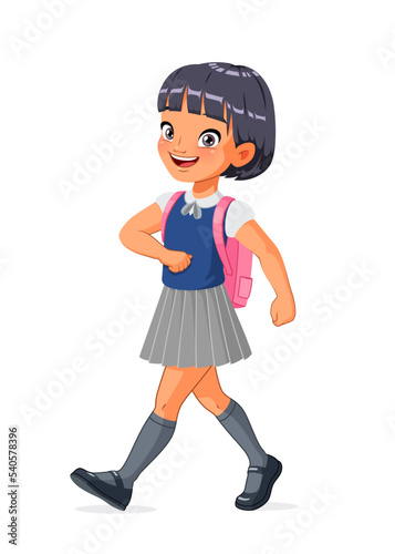 Happy Asian girl going to school. Cartoon vector illustration.