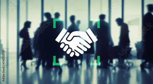 Group of people meeting in office and handshake icon. Business relationship. Marketing. photo