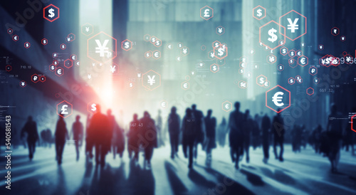 Group of people walking in futuristic street and financial technology concept. FinTech.