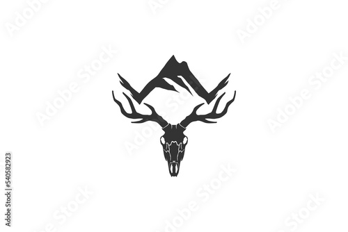 Deer hunting adventure outdoor logo design animal wildlife silhouette head horns deer skull, mountain element.