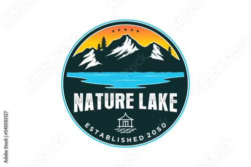 Mountain logo design outdoor river lake illustration with cabin icon symbol