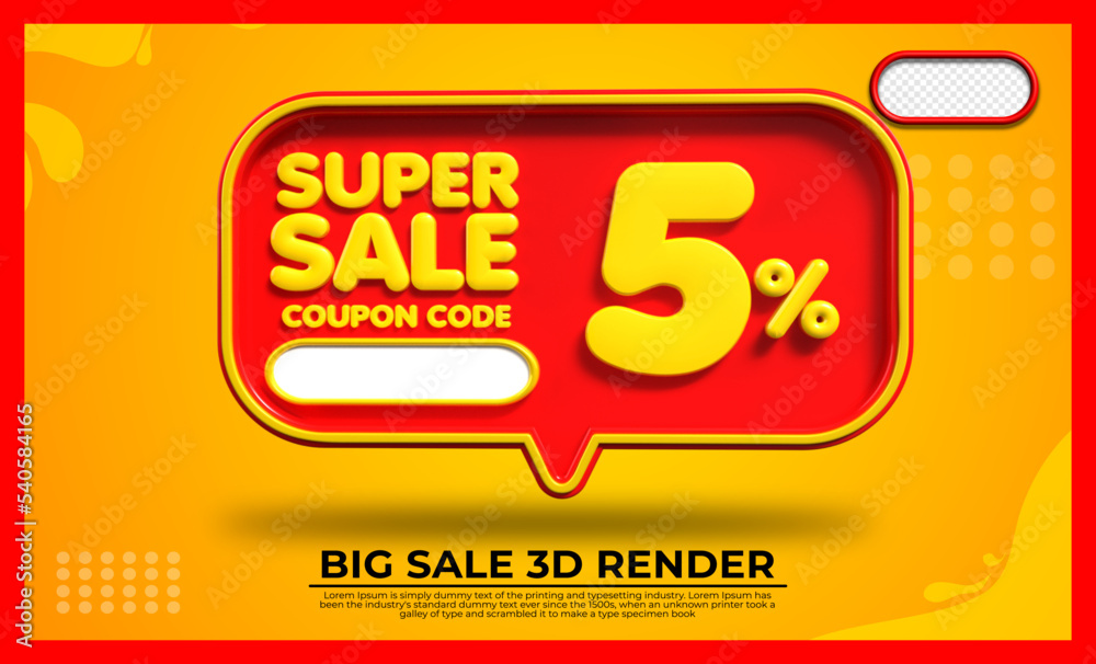 3D render super sale 5% red and yellow colors bubble for discount sale, flash sale, promo sale, black friday 3D render super sale 5% red and yellow colors bubble for discount sale, flash sale, promo sale, black friday