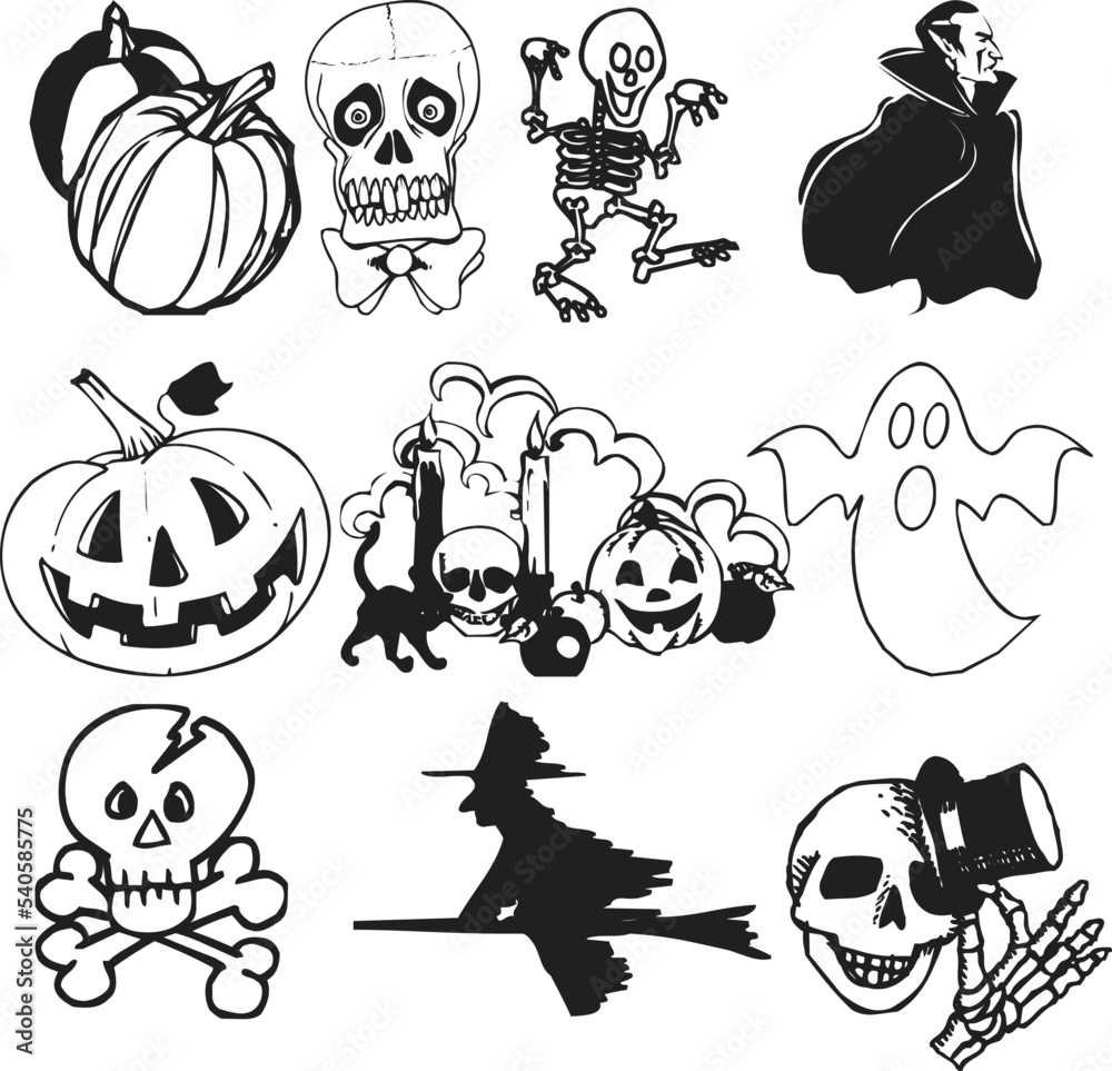 Obraz premium Big set of silhouettes of Halloween on a white background. Vector illustration.