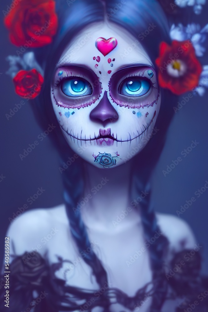 Sugar skull girl in shades of blue with red flowers (Generative AI)
