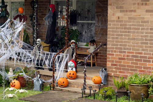 Halloween house home outside decoration. Front porch haloween party trick or treat decor
