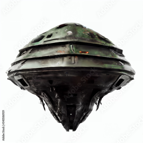 Fototapeta Naklejka Na Ścianę i Meble -  UFO, damaged extraterrestrial spaceship isolated on white background