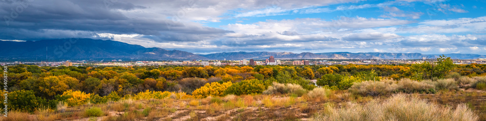 Albuquerque city skyline, autumn foliage of the southwestern cottonwood trees, and dramatic stormy clouds over the Rio Grande River in Albuquerque, New Mexico, USA