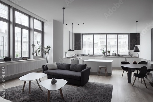 Interior of a new modern apartment in scandinavian style with kitchen and living room