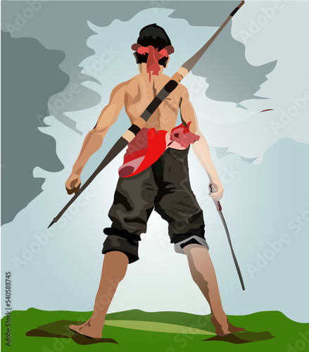 
illustration and vector, hero, with arrows and a machete, shawl in red, very suitable for games and more