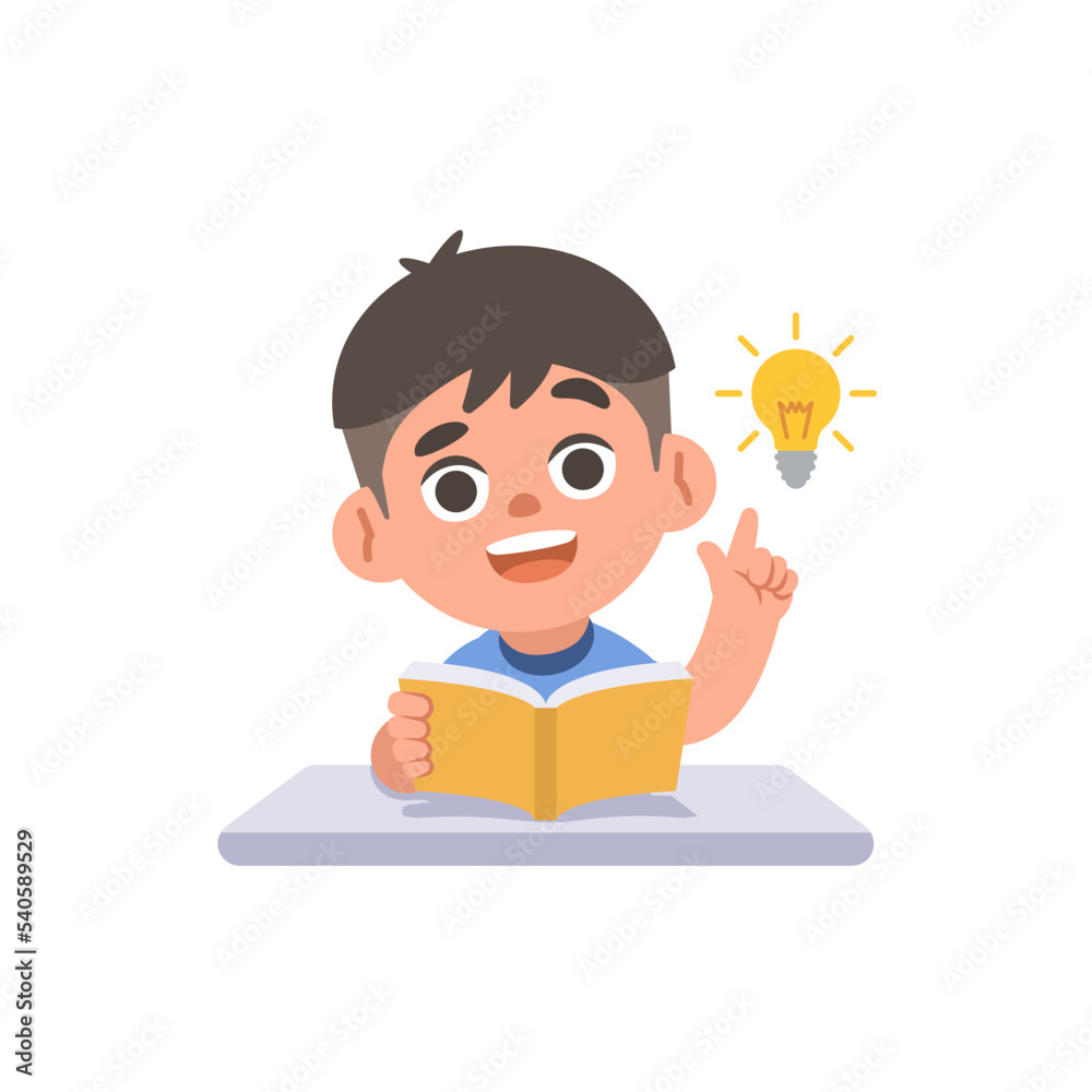 A Asian boy get an idea on the desk with a book and a bulb, illustration cartoon character vector design on white background. kid and education concept. A Asian boy get an idea on the desk with a book and a bulb, illustration cartoon character vector design on white background. kid and education concept.