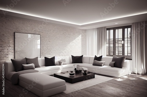 3D rendering interior design of lounge and living room and white brick wall