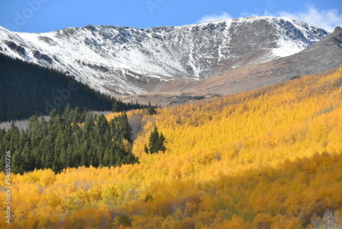 Autumn colors and snowy mountain peaks